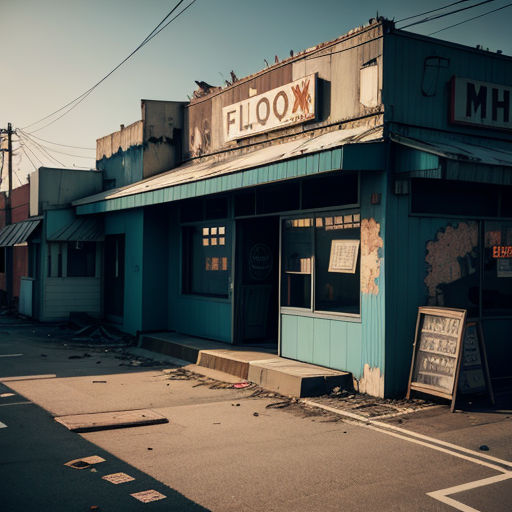 a run down building with a sign on the front of it that says floxx on the front