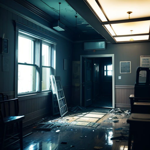 a room with a broken window and a ladder in it's center of the room, with a broken door and windows