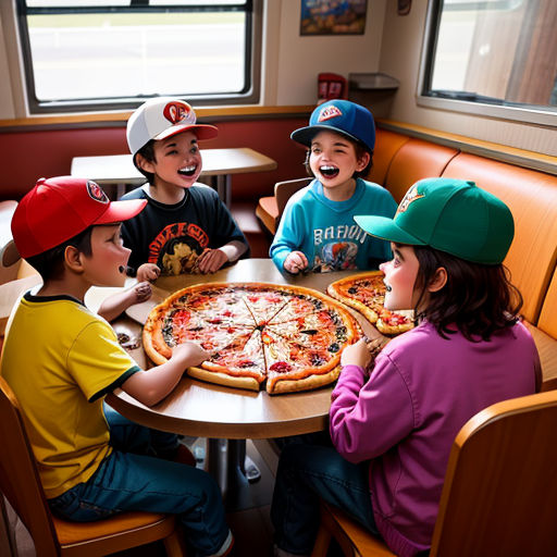a group of kids sitting around a table with pizza on it and laughing at each other's faces