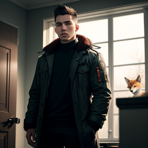 a man standing in front of a door with a fox on the window sill behind him and a door with a window behind him
