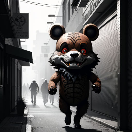 a large stuffed animal walking down a street next to a tall building with a red eye on it's face