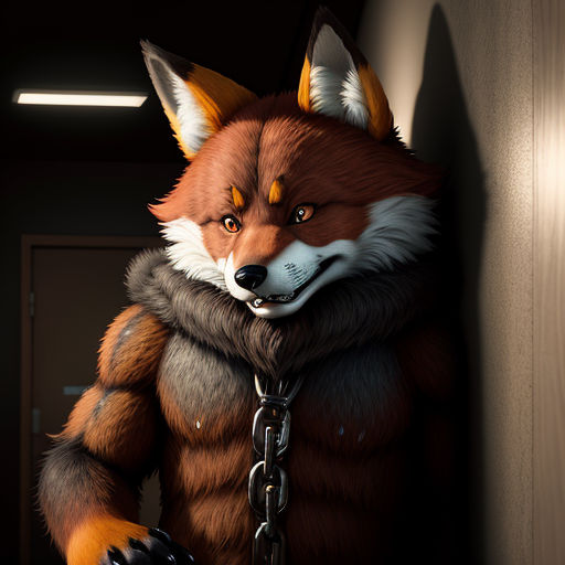 a fox with a chain around its neck and eyes is standing in a dark room with a door and a light