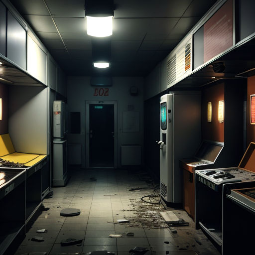 a hallway with a bunch of appliances and a light on the ceiling and a door in the middle of the hallway