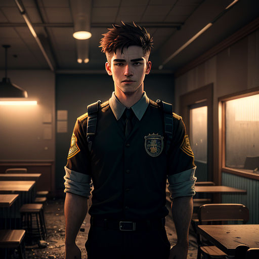 a man in a uniform standing in a room with tables and chairs in it and a light on the ceiling