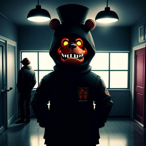 a person in a bear costume standing in a hallway with a person standing in the background and a person standing in the hallway
