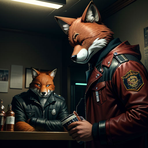 a man in a leather jacket and a fox mask standing next to a counter with a bottle of beer