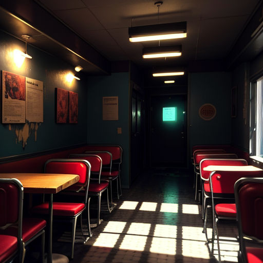a room with a bunch of red chairs and a table in it with a window on the side of the room