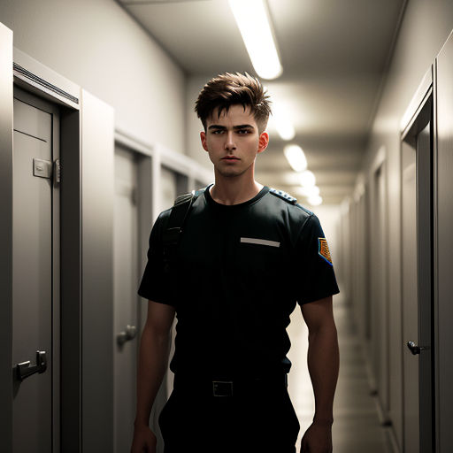 a man in a uniform standing in a hallway between two lockers with doors open and a light on