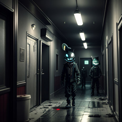 two people in costumes walking down a hallway in a building with lights on and a cat mask on their head