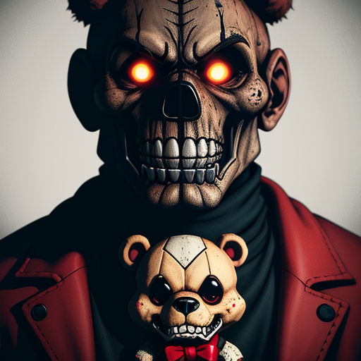 a creepy man holding a teddy bear with glowing eyes and a creepy face on his face, with a red jacket