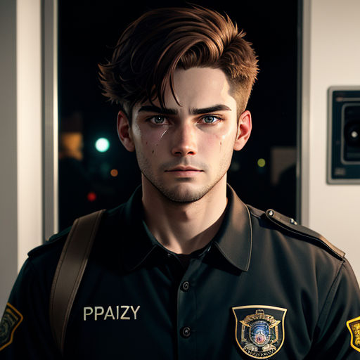 a man in a police uniform standing in a room with a door open and a clock on the wall