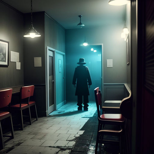 a man in a hat and coat walking into a room with chairs and a table in it and a light on