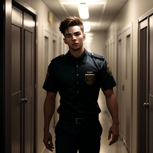 a man in a uniform is walking down a hallway with two doors on either side of him and a light on the ceiling