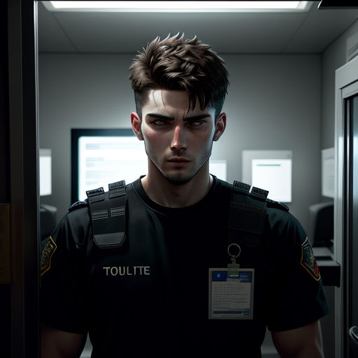 a man in a black shirt is standing in a room with a door open and a key to the door