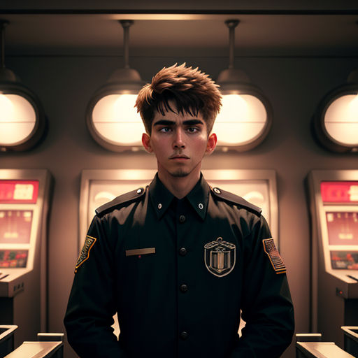 a man in uniform standing in a room with several machines in it's walls and lights on the ceiling