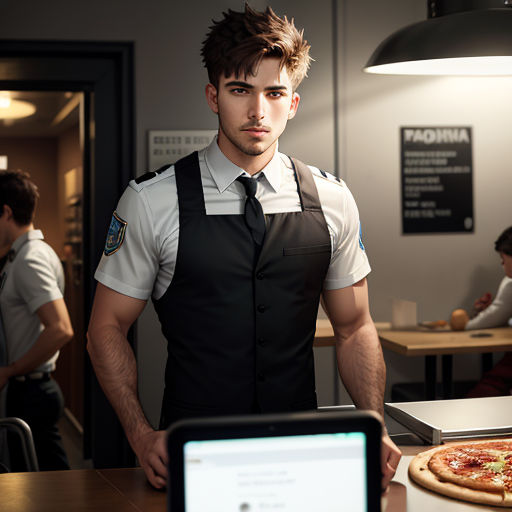 a man in a uniform standing in front of a pizza on a table with a laptop on it and a pizza on the counter