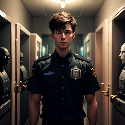 a man in uniform standing in a hallway between two lockers with mannequins on either side