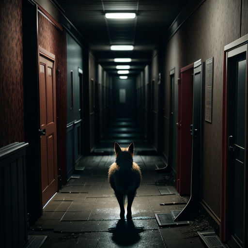 a dog standing in a hallway between two doors in a building with a dark floor and a red door