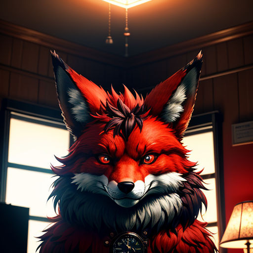 a red fox with a clock in its mouth and a lamp in the background with a light on it