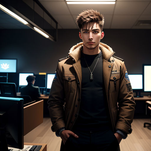 a man standing in a room with multiple computer monitors on the wall and a man in a black shirt
