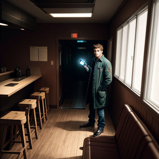 a man standing in a hallway holding a light in his hand and looking at the camera with a flashlight in his hand