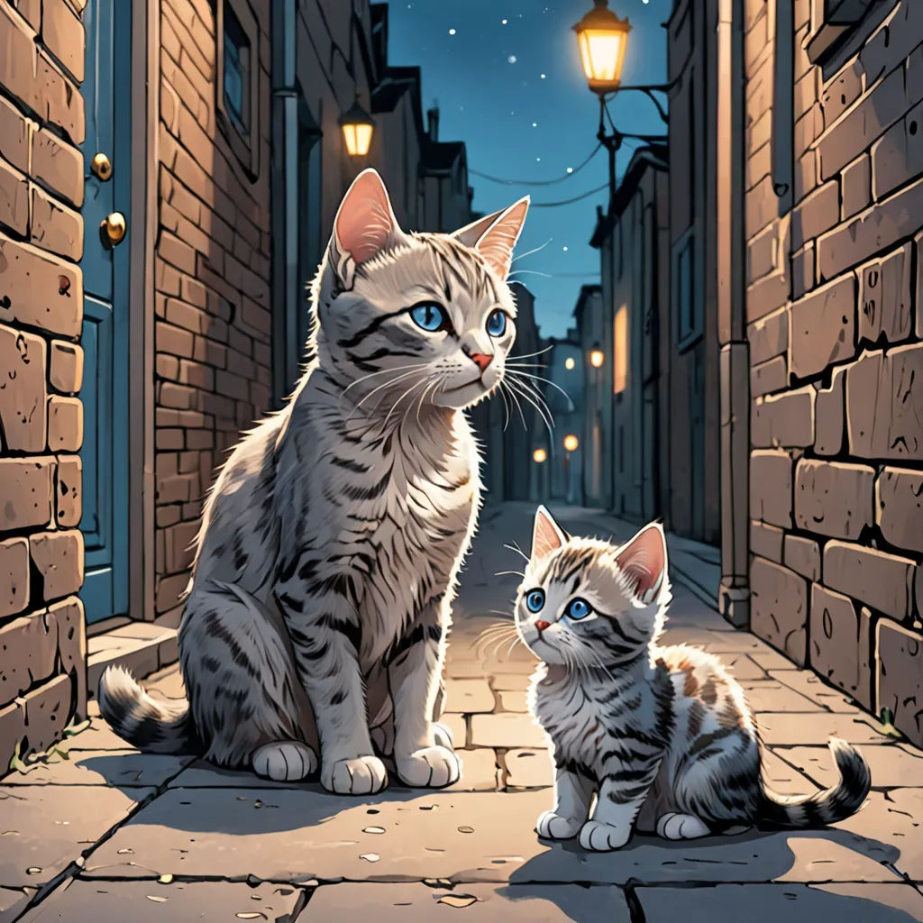 a couple of cats sitting on top of a sidewalk next to a light pole and a building with a street light, fantasy art, a comic book panel, Dan Mumford, comic cover art
