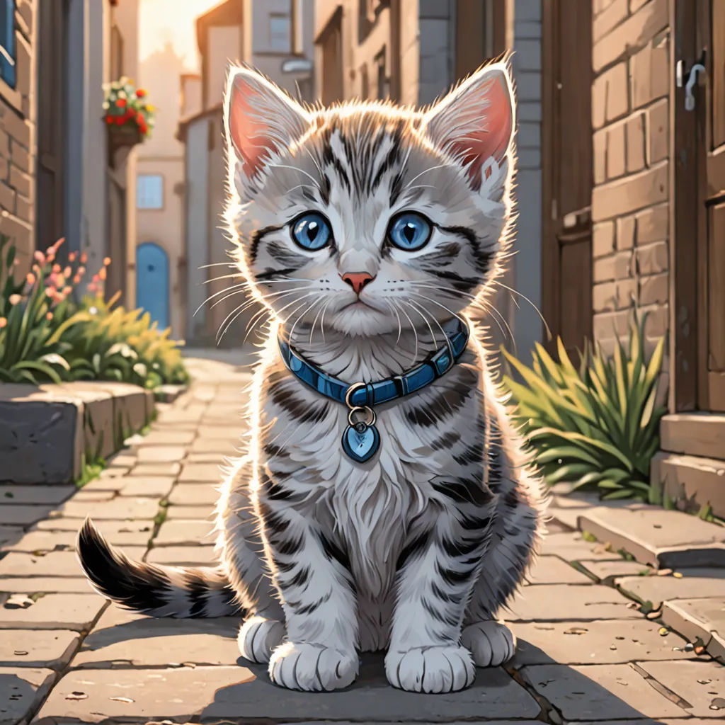 a cat sitting on a brick walkway with a blue collar on it's neck and a house in the background, fantasy art, a storybook illustration, Colin Middleton, official art