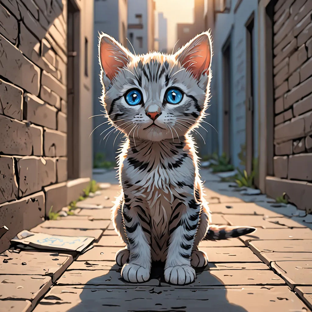 a cat sitting on a brick walkway with a blue eyes and a brick wall behind it, with a shadow of a cat on the ground, fantasy art, a comic book panel, Art Spiegelman, comic cover art