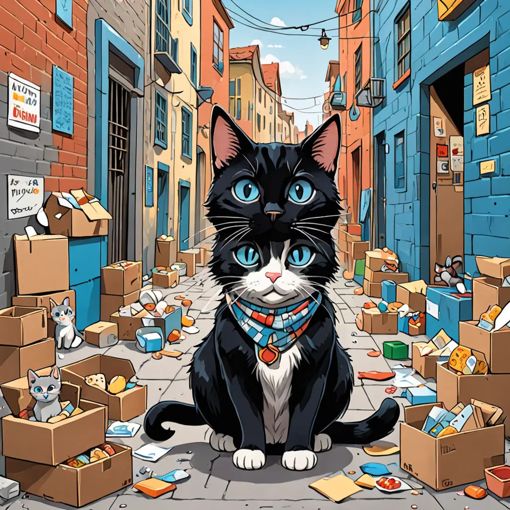 a black cat sitting on a street with boxes all over it and a cat wearing a bandana around its neck, serial art, an album cover, Dan Mumford, tristan eaton