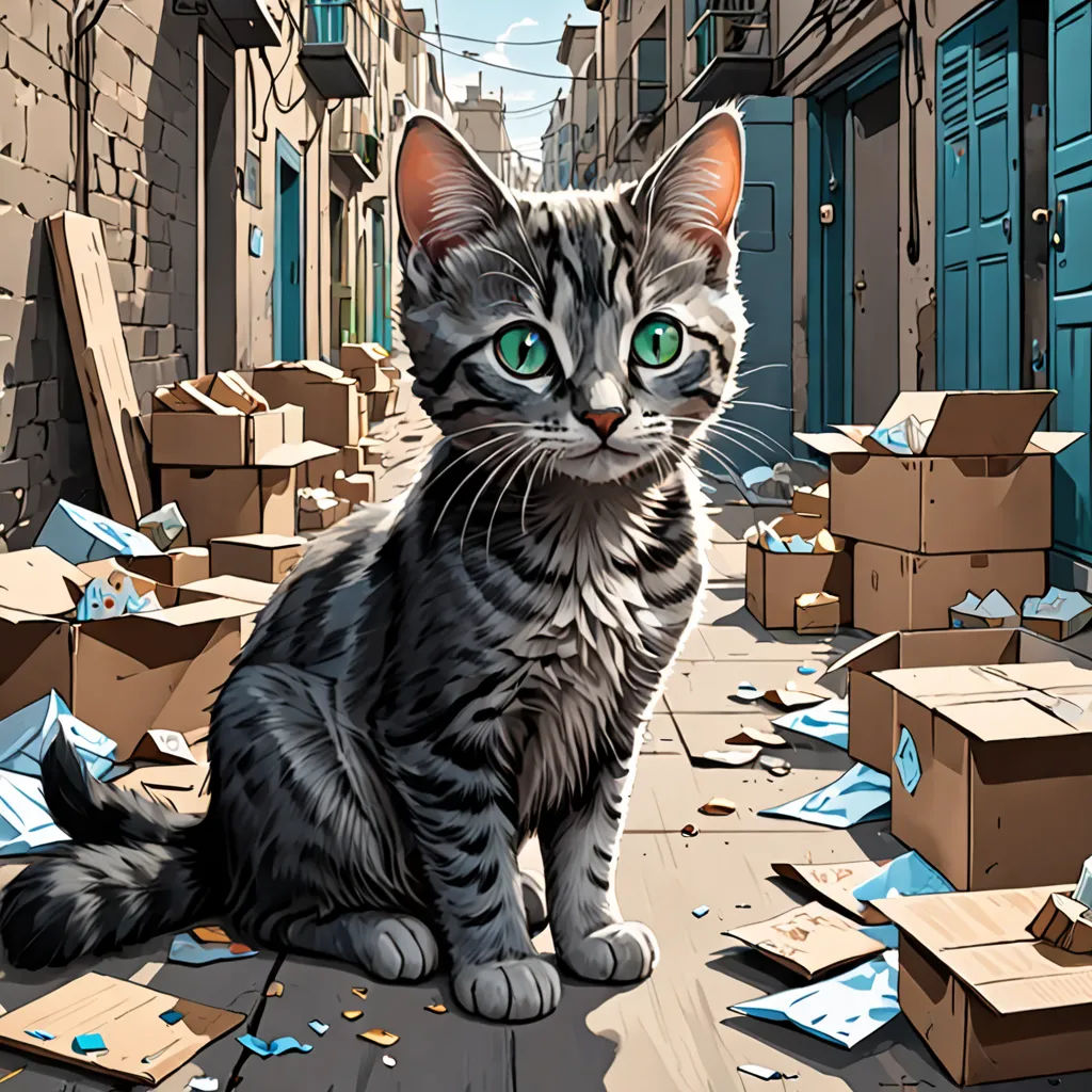 a cat sitting on a pile of boxes in a street with a building in the background and a bunch of boxes scattered around, photorealism, a storybook illustration, Asaf Hanuka, ultra realistic illustration