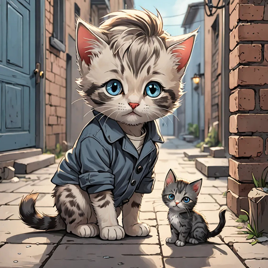 a cat and a kitten sitting on a sidewalk next to a brick building and a blue door with a brick wall, furry art, a character portrait, Chris LaBrooy, official art