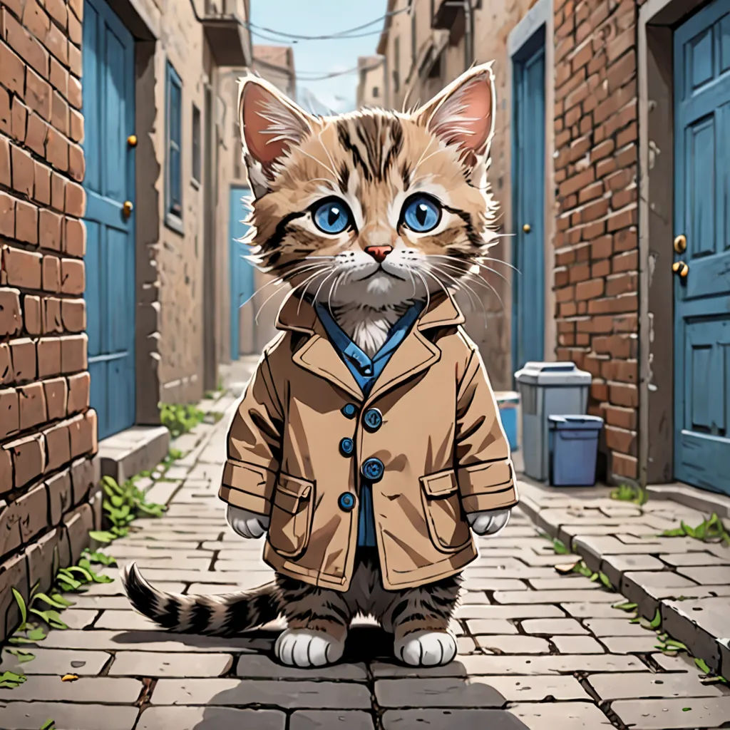 a cat dressed up in a coat and tie sitting on a brick street next to a brick building and blue doors, furry art, a character portrait, Chris LaBrooy, official art