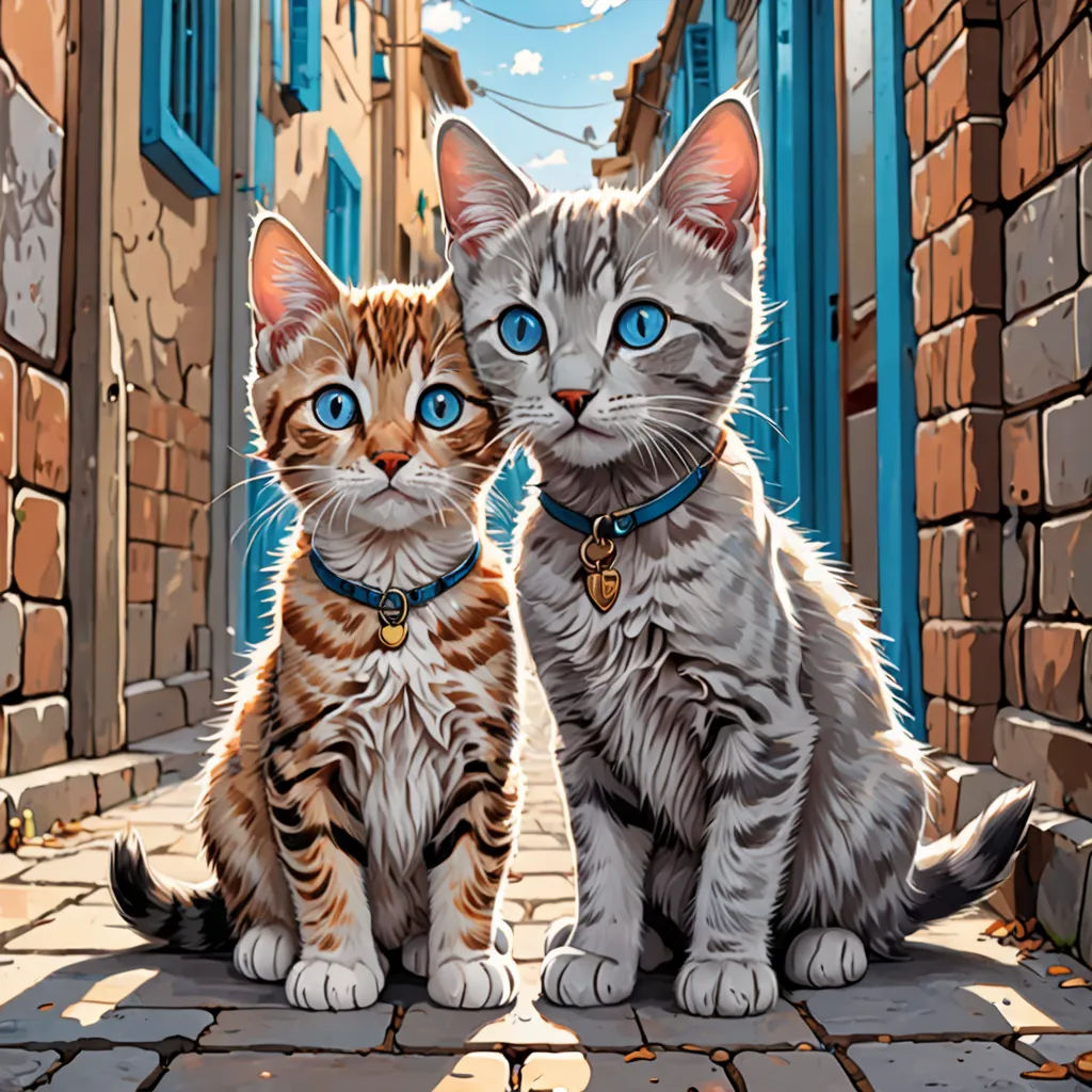 two cats sitting on a cobblestone street with blue eyes and a brick wall behind them, with a blue sky and clouds, photorealism, a digital painting, Dan Mumford, highly detailed digital painting