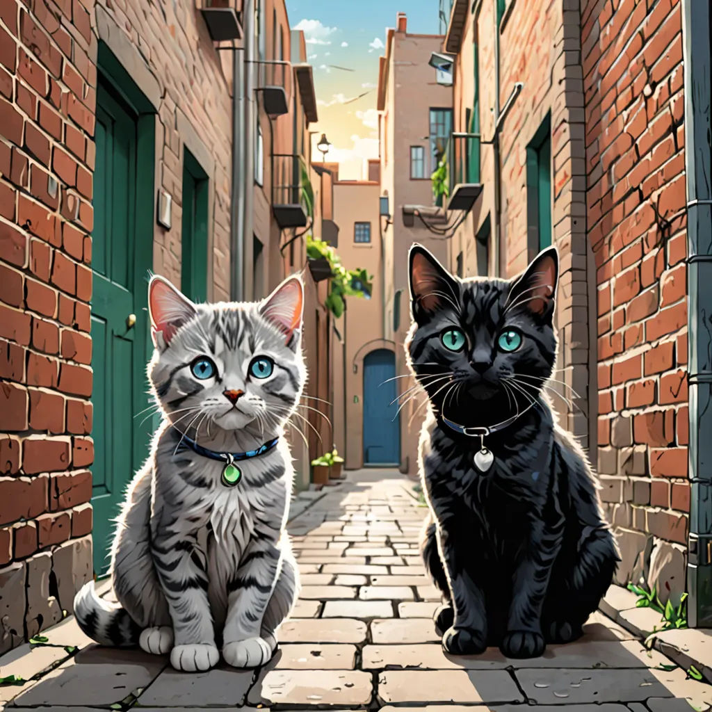 two cats sitting on a brick street next to a building with green doors and a blue sky in the background, sots art, a storybook illustration, Dan Mumford, official art