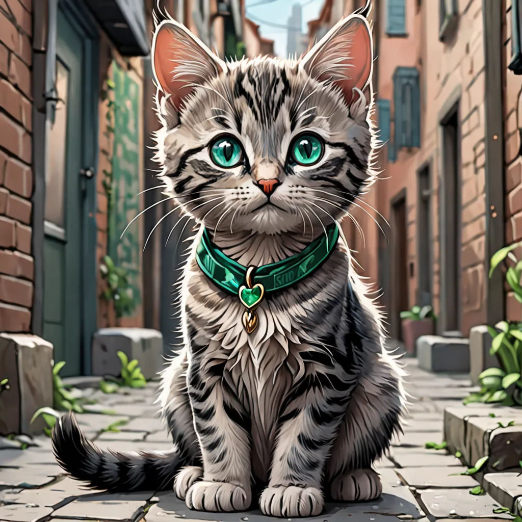a cat with a green collar sitting on a brick street next to a building and a green planter, photorealism, a photorealistic painting, Dan Mumford, highly detailed digital painting