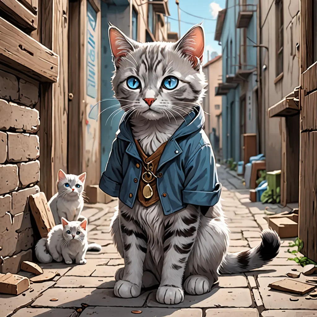 a cat with a blue eyes and a blue jacket on sitting next to a cat on a cobblestone street, fantasy art, a character portrait, Chris LaBrooy, magic the gathering artwork