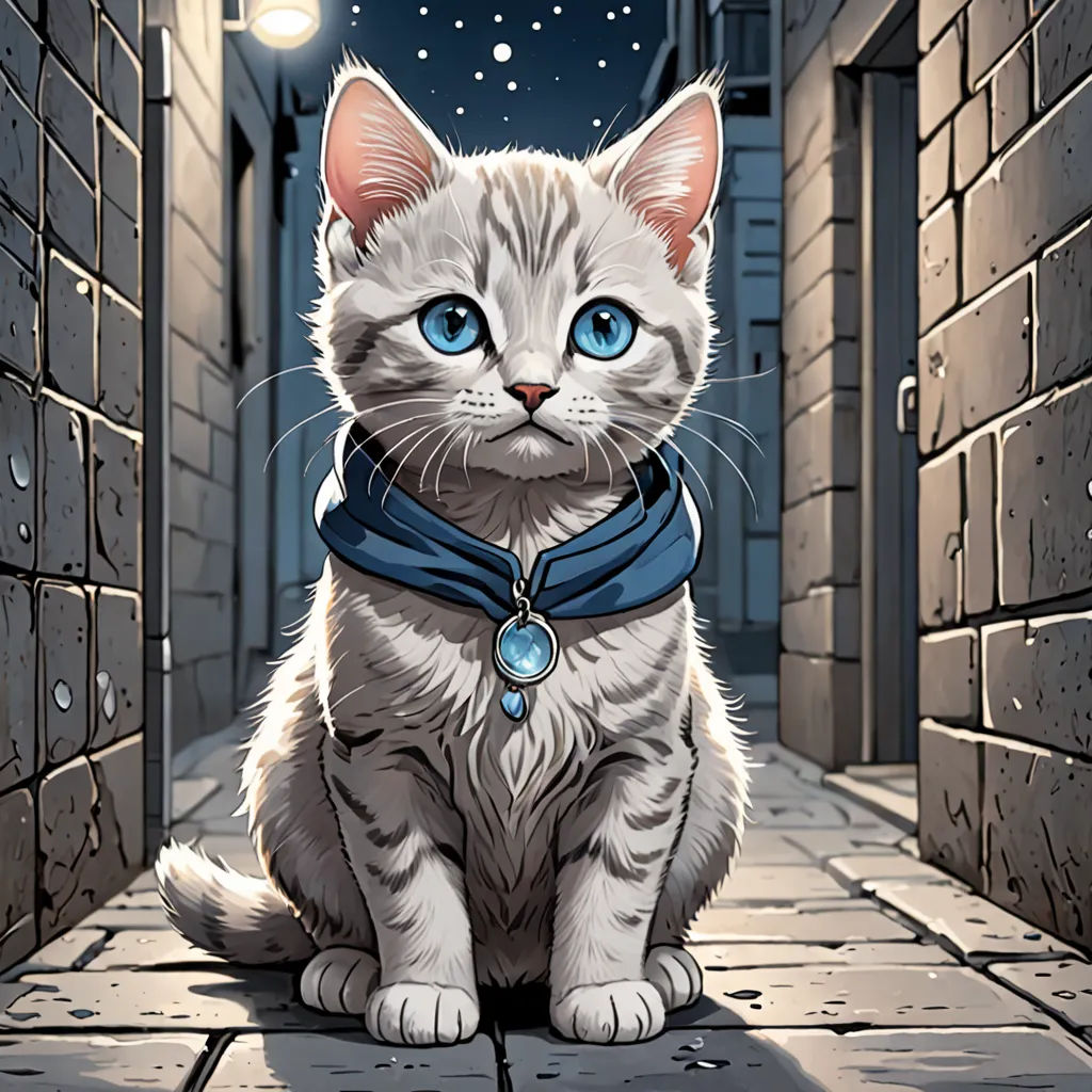a cat sitting on a brick walkway in a alley way with a light on and a blue collar around its neck, fantasy art, a comic book panel, Dan Mumford, official art