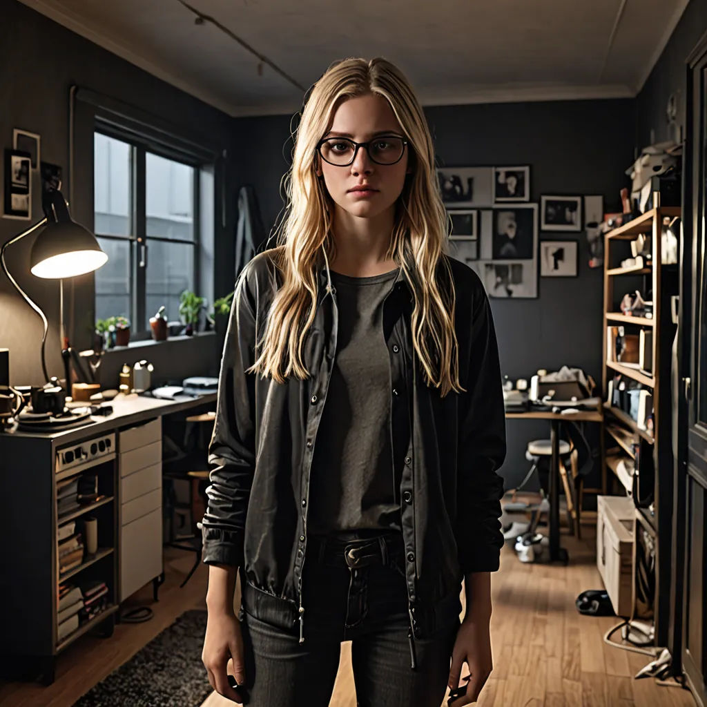 a woman standing in a room with a lamp on the floor and a desk with a computer on it, bauhaus, a character portrait, Christen Købke, promotional image