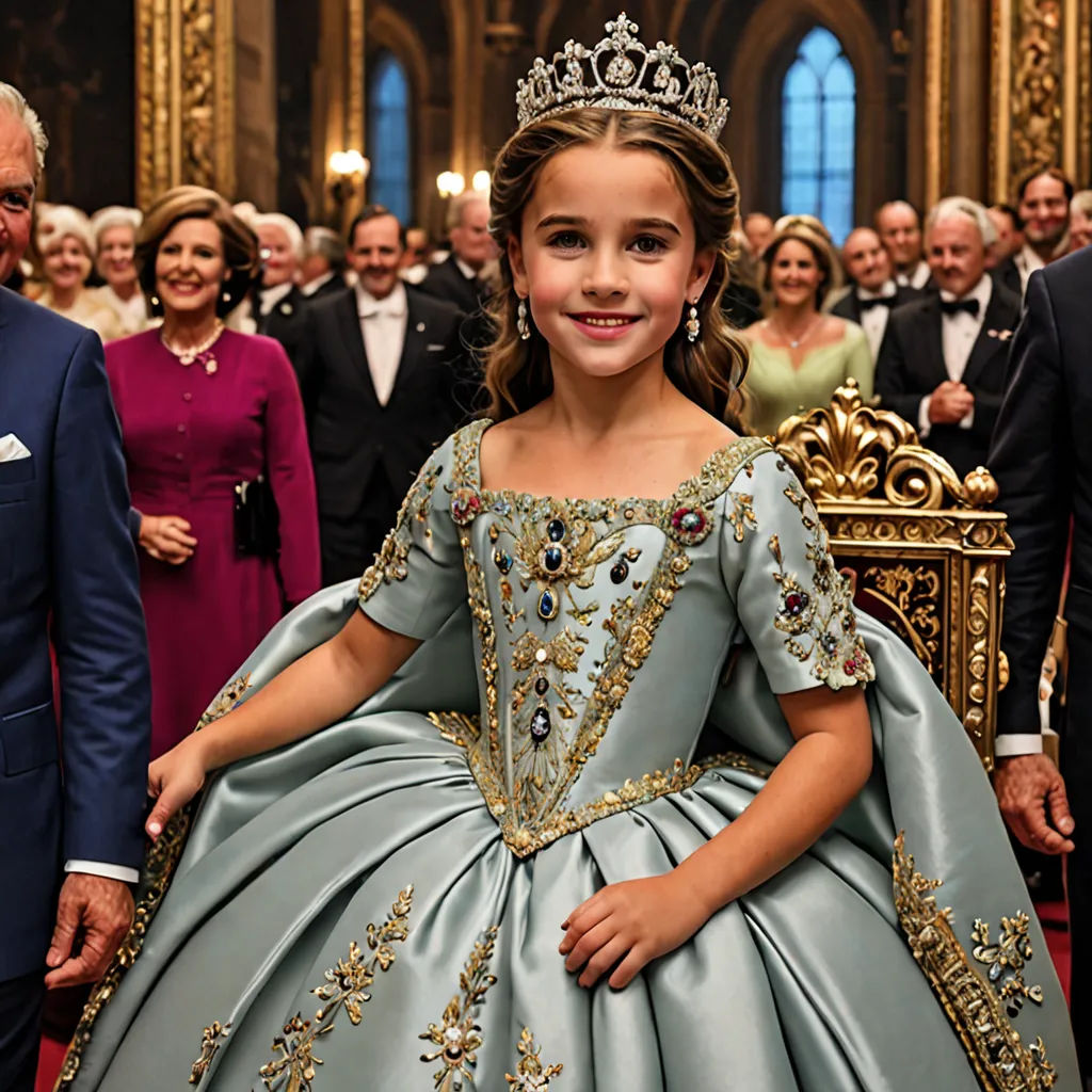 a little girl in a blue dress standing next to a man in a suit and tie and a crown, Elizabeth Forbes, renaissance, a flemish Baroque, promotional image