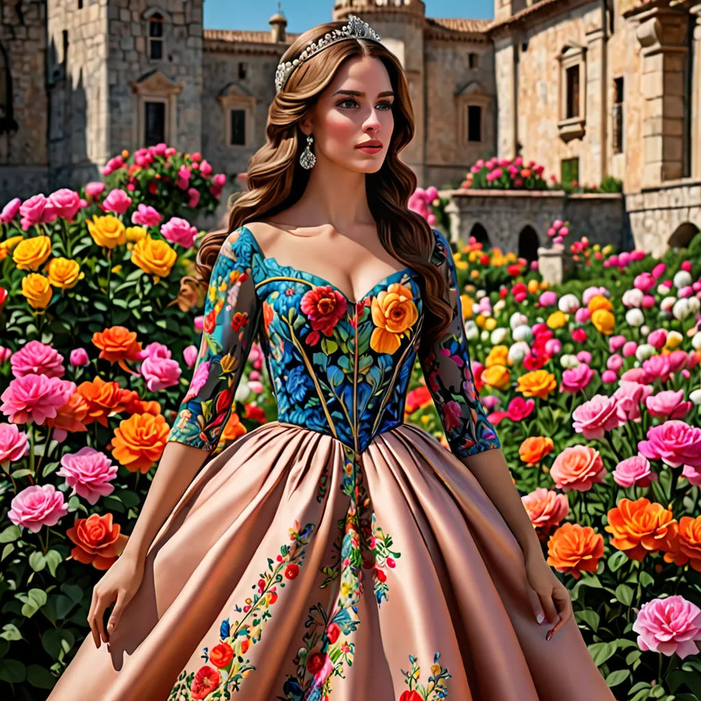 a woman in a dress standing in a field of flowers with a castle in the background in the background, Araceli Gilbert, rococo, a photorealistic painting, beautiful detailed