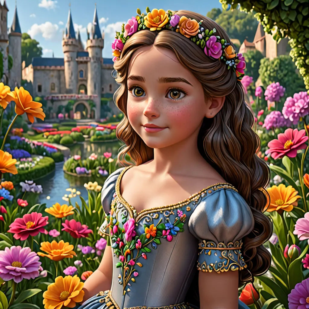 a painting of a girl in a flower garden with a castle in the background and flowers all around her, disney, photorealism, a storybook illustration, rossdraws global illumination