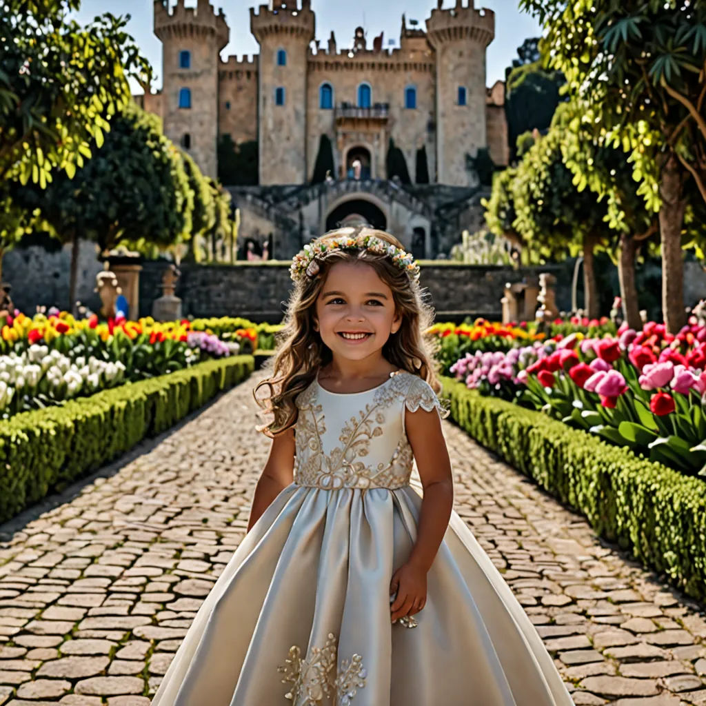 a little girl in a dress standing in front of a castle with flowers in the foreground and a walkway leading to the castle, Araceli Gilbert, art photography, a stock photo, professional photography