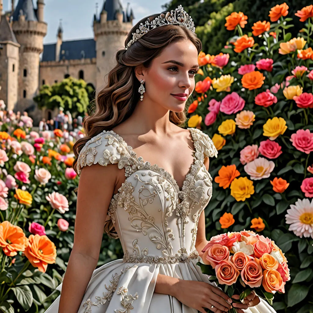 a woman in a wedding dress holding a bouquet of flowers in front of a castle like building with a lot of flowers, Anna Maria Barbara Abesch, rococo, a colorized photo, promotional image