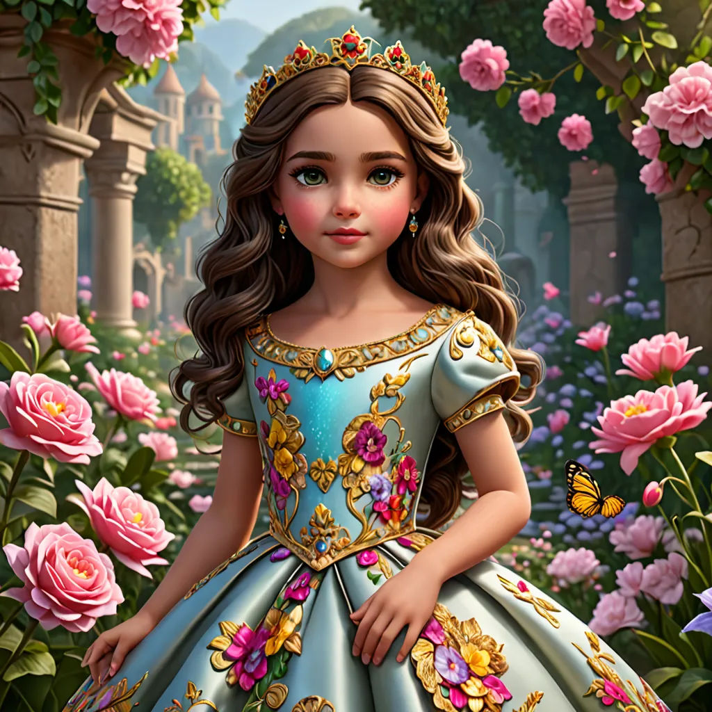 a painting of a little girl in a blue dress surrounded by flowers and butterflies in a garden with pink roses, Anne Stokes, fantasy art, a storybook illustration, highly detailed digital painting