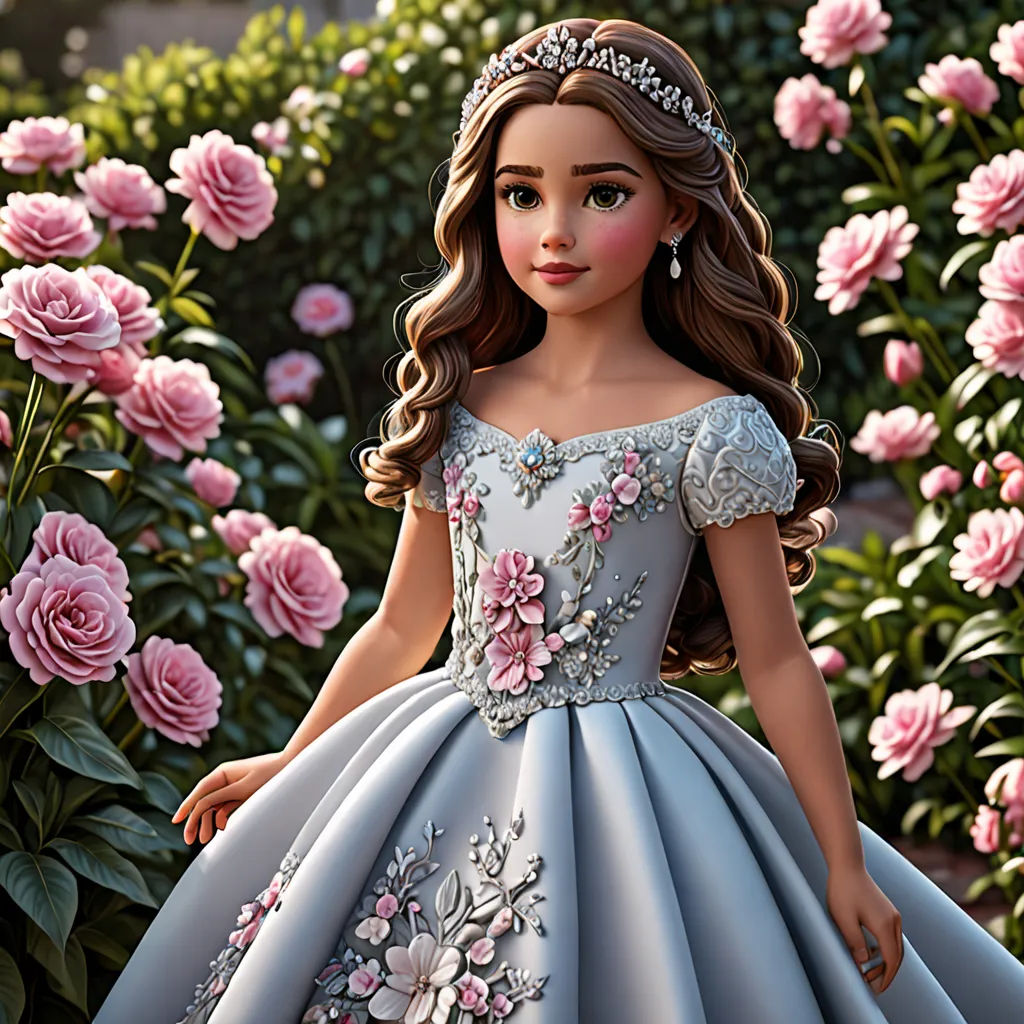 a girl in a dress standing in a garden of flowers with a tiara on her head and a tiara on her head, Elizabeth Forbes, photorealism, a character portrait, promotional image