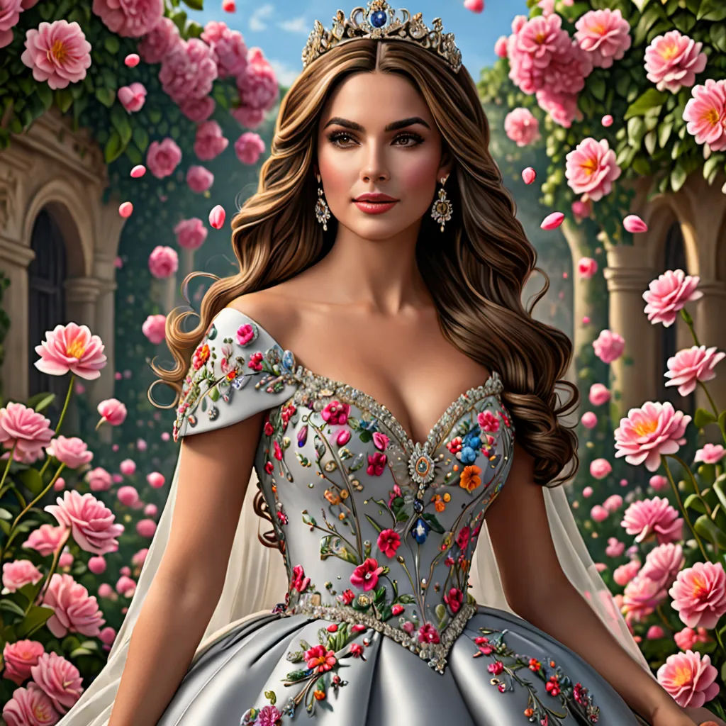 a painting of a woman in a dress surrounded by flowers and roses in the background is a castle with a clock tower, Anne Stokes, fantasy art, a detailed painting, highly detailed digital painting