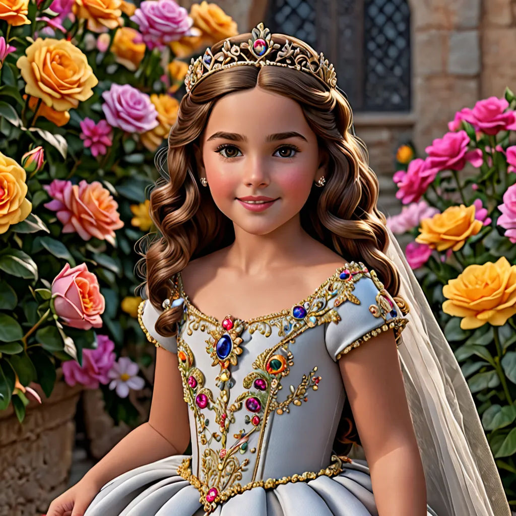 a digital painting of a little girl in a princess dress in front of flowers and a building with a clock, Clarice Beckett, photorealism, concept art, promotional image