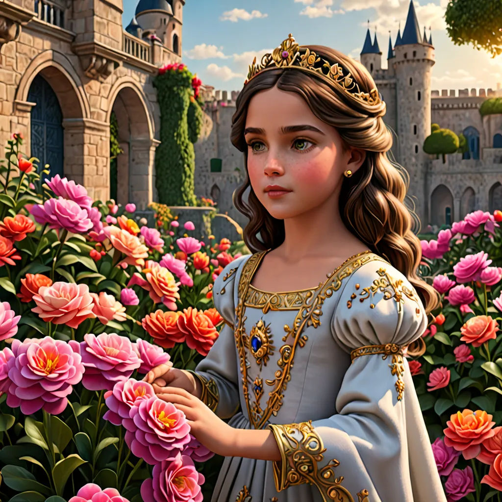 a little girl in a dress standing in a garden with flowers and a castle in the background with a sky background, Anne Stokes, fantasy art, a detailed matte painting, highly detailed digital painting