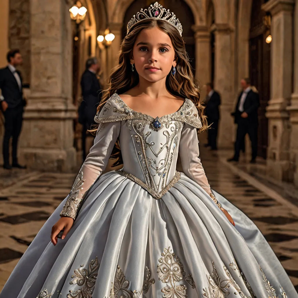 a young girl in a princess costume standing in a hall with other people in suits and ties around her, Araceli Gilbert, rococo, a colorized photo, promotional image