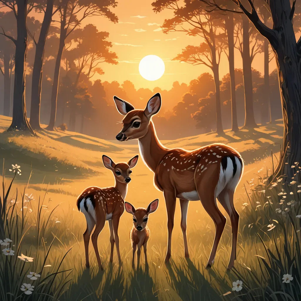 a painting of two deer in a forest at sunset with the sun in the background and trees and grass, magic realism, a storybook illustration, Dan Mumford, rossdraws global illumination